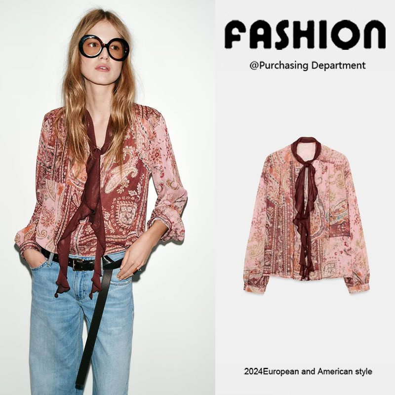 Ză Ao Sơ Mi Nơ In Hình Dài Tay Cho Nữ