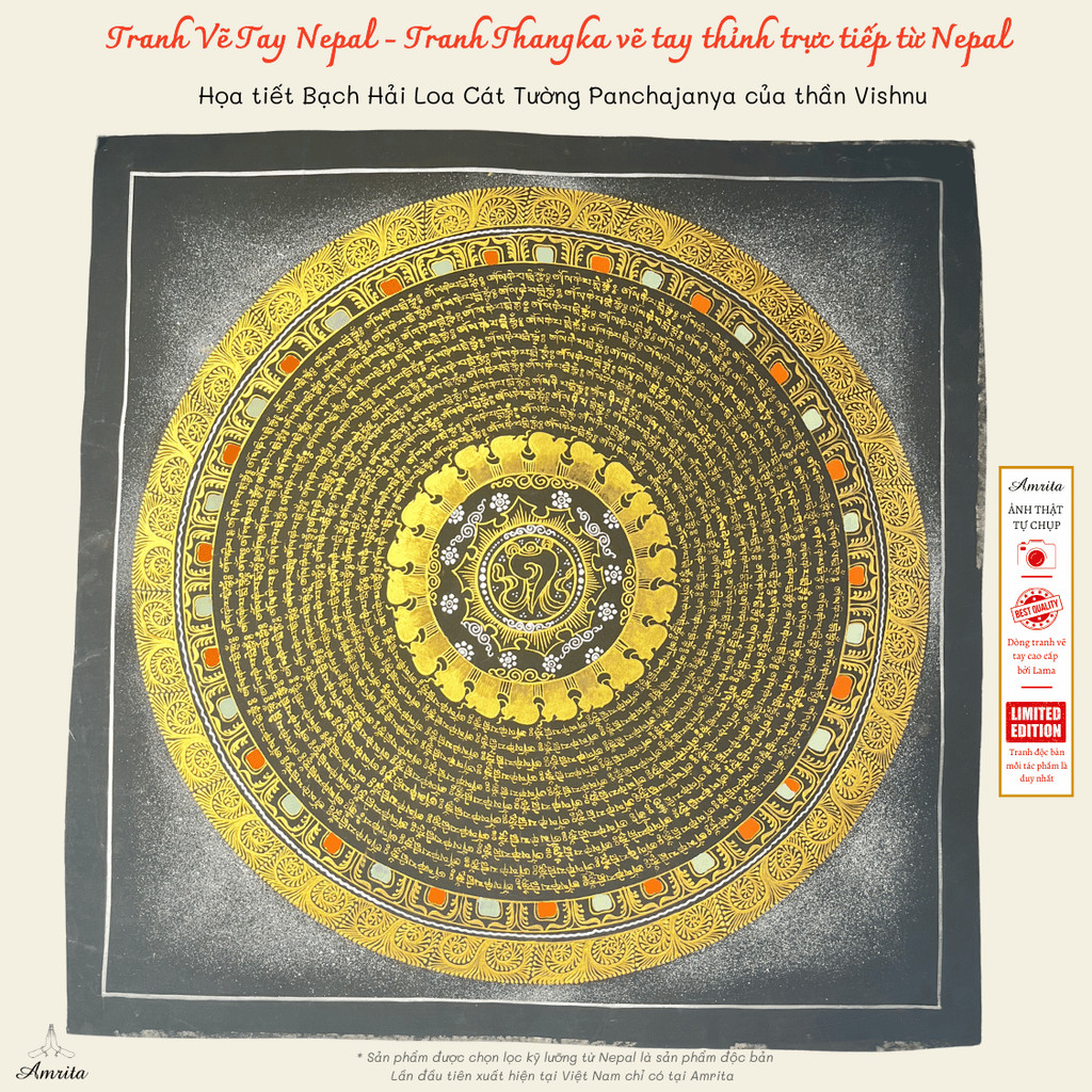 [Tranh Vẽ Tay Nepal Amrita ] Họa tiết Bạch Hải Loa Cát Tường Panchajanya của thần Vishnu -CXNP382-Tr