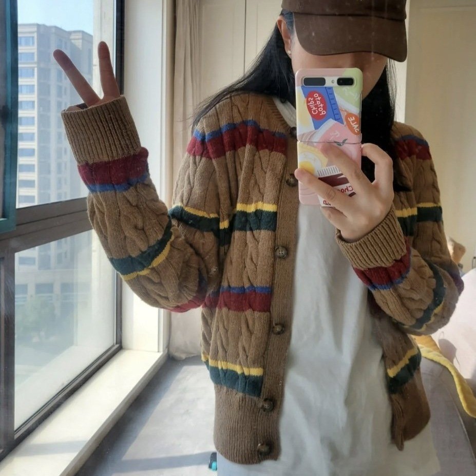 RalphLaur** Little Horse War Horse Cardigan Cable Knit Sweater Rainbow Stripes Vintage Knit Coat New