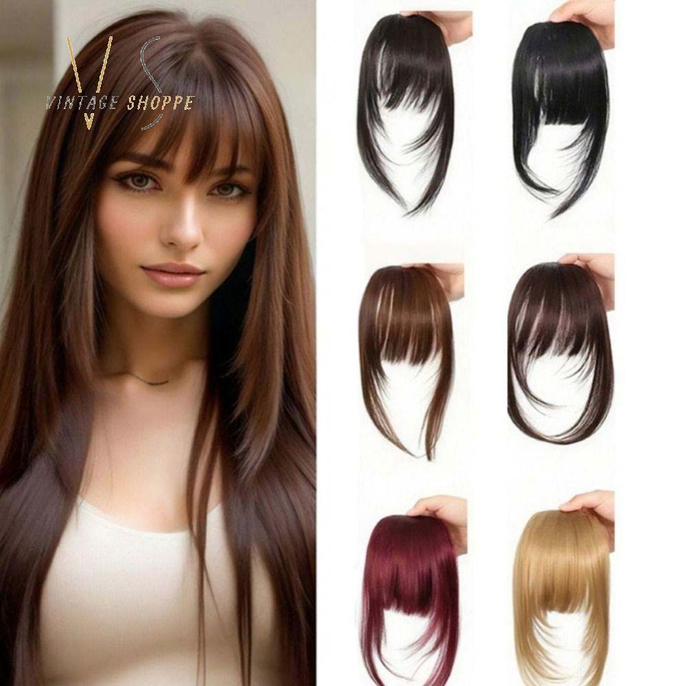 VINTAGESHOPE Tóc tổng hợp Kẹp-In Bangs, Tóc cắt phía trước màu nâu đậm Wispy Fringe có vết bỏng bên,