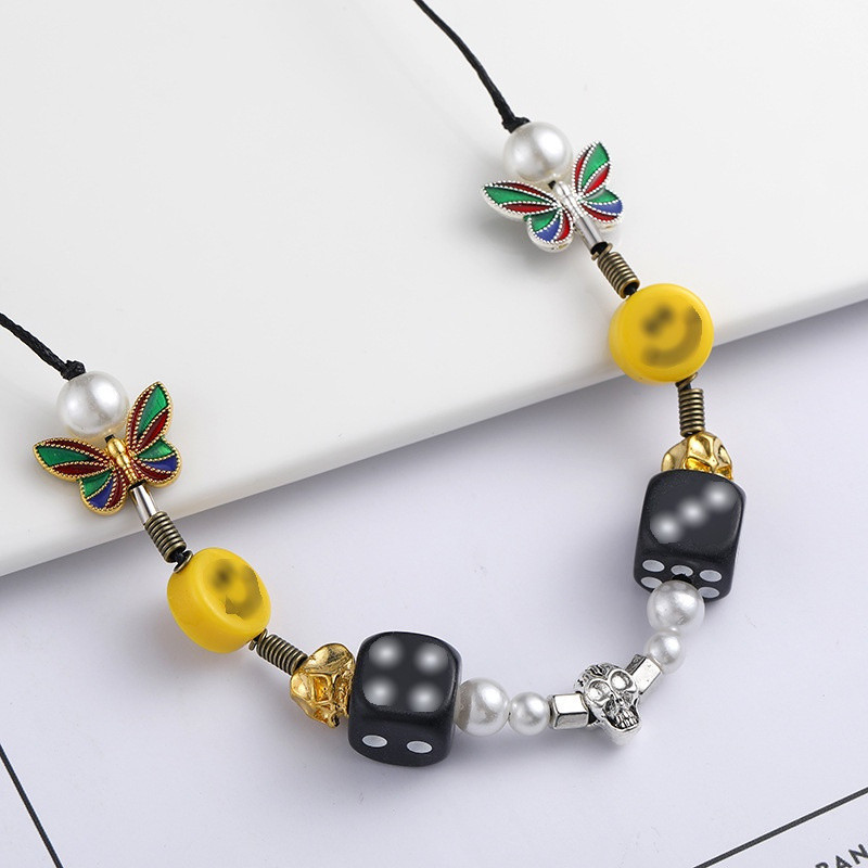 Spot Delivery in Seconds#Celebrity Collarbone Chain Same Style Multi-Element Dice Skull Pearl Smiley