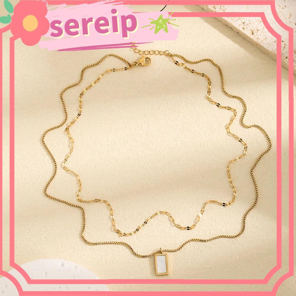 Vòng cổ mặt dây chuyền vuông SEREIP, Vòng cổ hai lớp bằng thép titan 2 lớp, Vỏ sò thiết kế tối giản Vòng cổ Choker Trang sức nữ