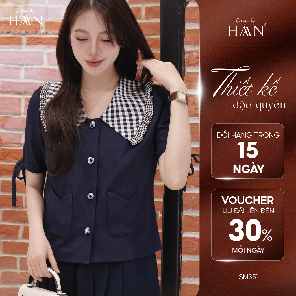 Áo Sơ Mi Nữ Ngắn Tay Thiết Kế Cổ Caro Viền Bèo Cách Điệu Màu Xanh Than HAAN DESIGN SM351