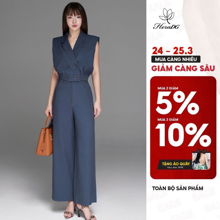 Bộ đồ nữ set áo quần HeraDG áo gile cổ vest độn vai,chun gấu, quần dài suông, chất Tuytsi giả bò cao