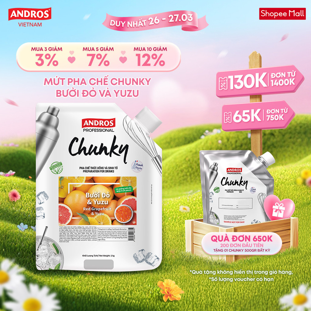 Mứt Pha Chế Bưởi đỏ & Yuzu - Có miếng trái cây thật - Nguyên liệu pha chế -  ANDROS CHUNKY - 1kg