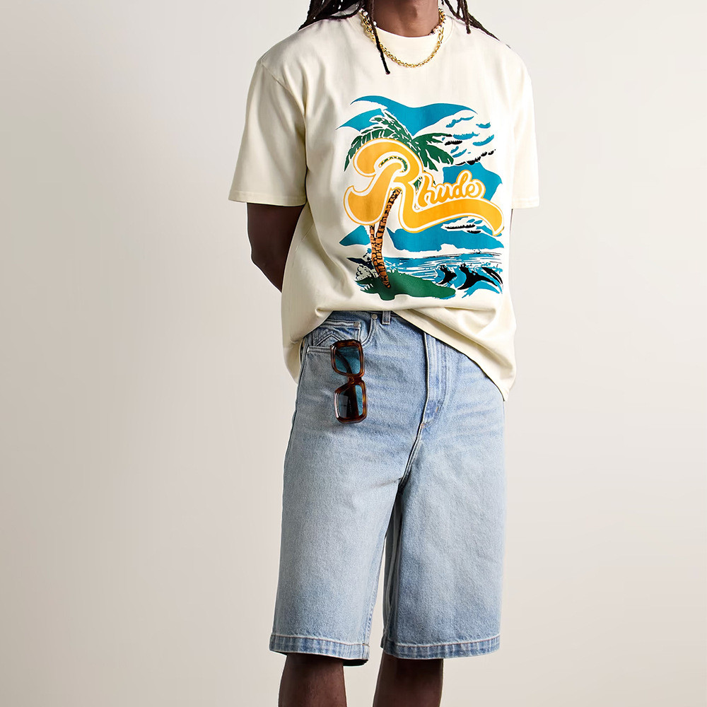 ITVR RHUDE Retro Coconut Tree Beach Print Summer Loose Versatile Couple Outfit Casual Short Sleeve T
