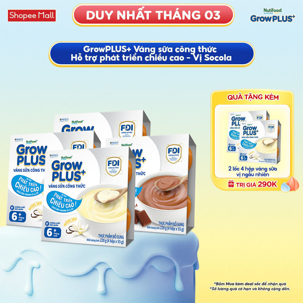 Combo mix 4 lốc GrowPLUS+ Váng sữa công thức Cao lớn vượt trội Vani & Socola (55g x 16 hộp)