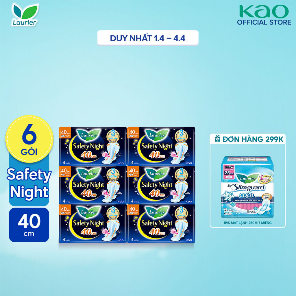 Combo 6 gói Băng vệ sinh Laurier Safety Night Đêm Siêu An Toàn 40cm 4 miếng