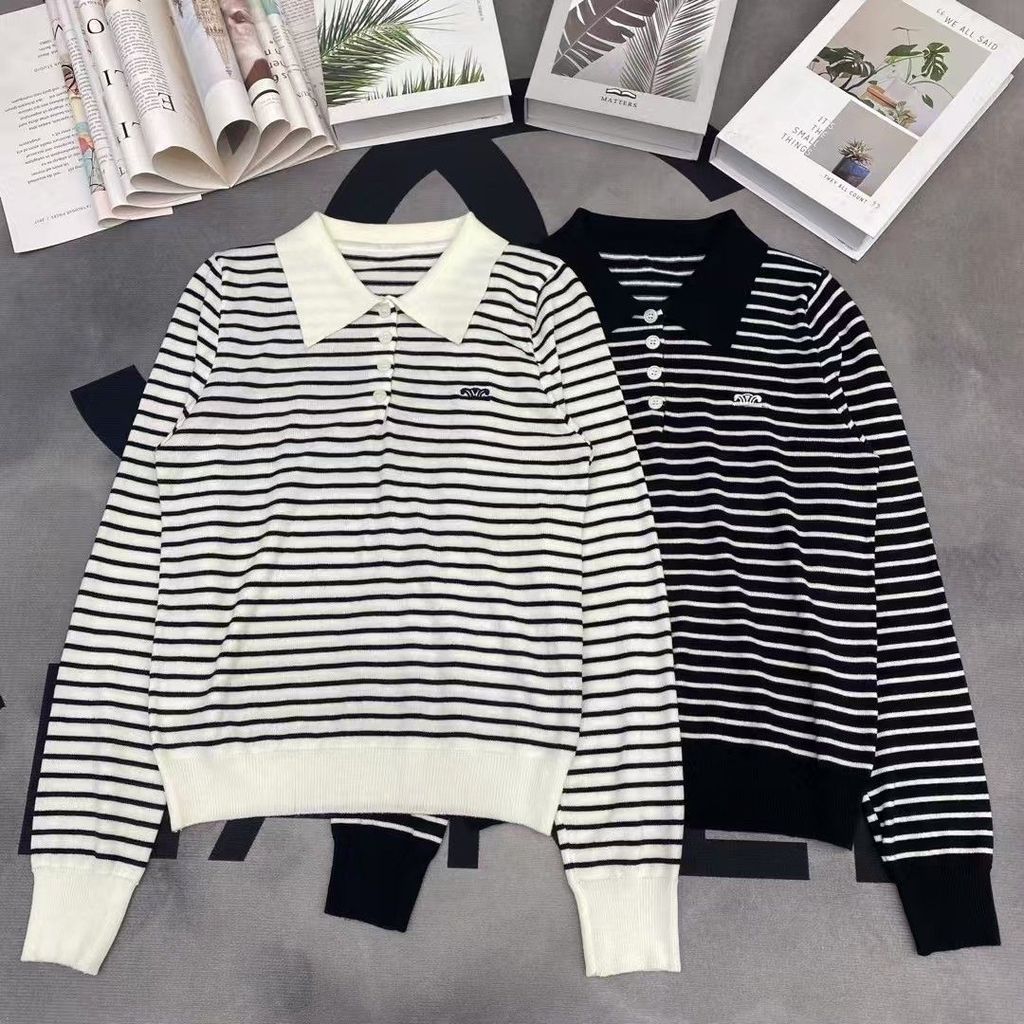 Celine7502 Áo Polo Len Sọc Nữ Màu Sắc Tương Phản, Phù Hợp Phong Cách Đẳng Cấp