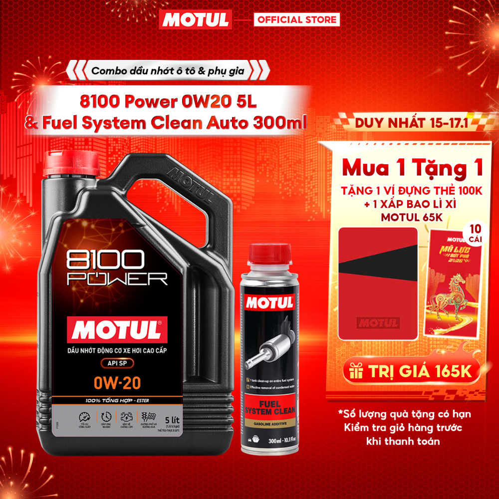 Combo Dầu nhớt xe ô tô MOTUL 8100 POWER 0W20 5L và Phụ gia vệ sinh hệ thống nhiên liệu xe ô tô XĂNG 