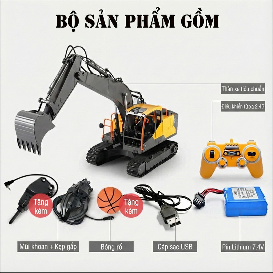 Xe Xúc Điều Khiển Từ Xa Volvo E568-001 (3 Trong 1) Tỉ Lệ 1:14 Cỡ Lớn 61cm - Kèm Đầu Khoan, Kẹp, Bóng