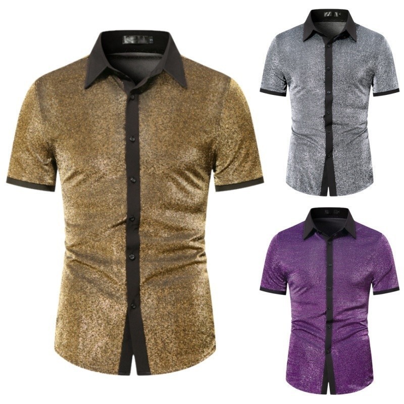 Áo sơ mi nam bling bling tay ngắn lấp lánh, phong cách đường phố, phù hợp biểu diễn rock hip hop dis