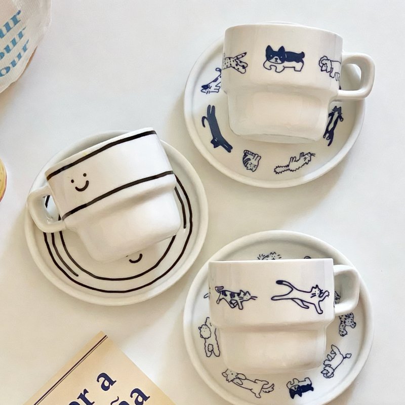 [JJ HOME] Hàn Quốc ins Simple Cat Line Minh họa Cốc gốm Cốc cà phê Đĩa đôi Cốc nước ăn sáng Cốc sữa