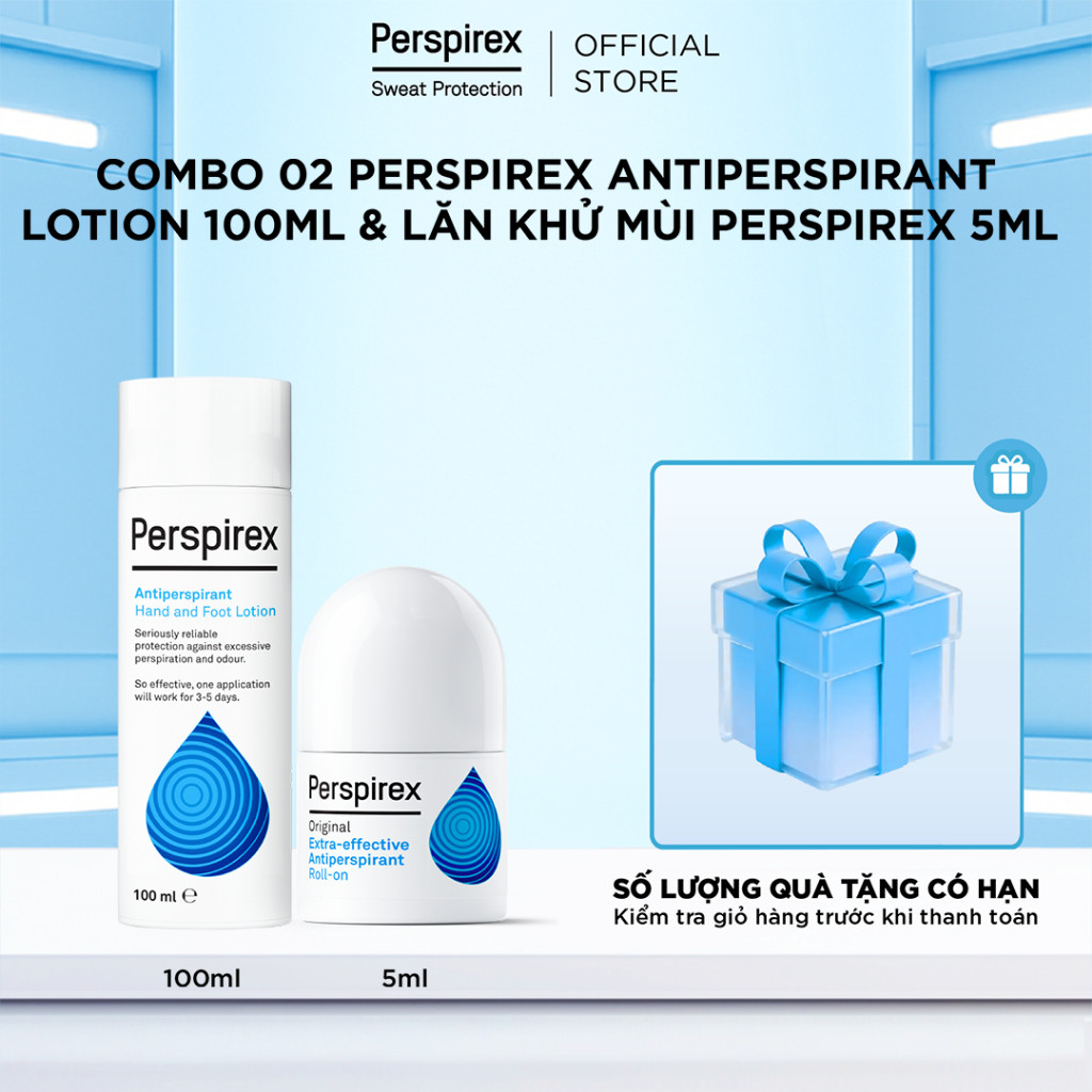 Combo Lotion ngăn mồ hôi tay & chân Perspirex Antiperspirant Hand & Foot lotion 100ml + lăn khử mùi 