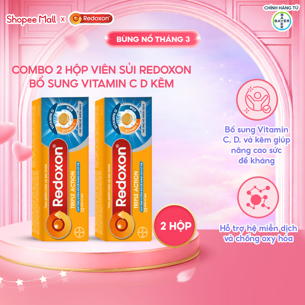 Bộ 2 Viên sủi Redoxon hỗ trợ Vitamin Triple Action 10 viên/Hộp