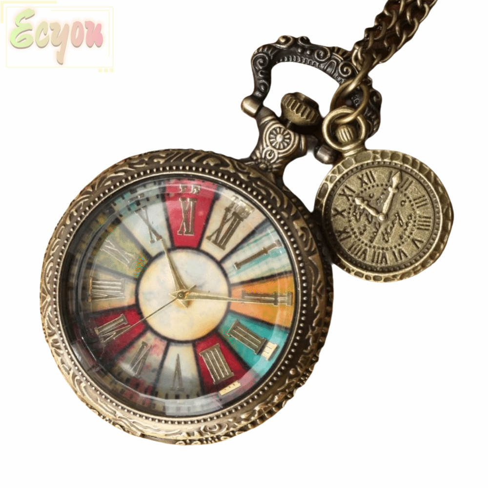 Đồng hồ bỏ túi ECYOU, Đồng hồ số La Mã mặt số đầy màu sắc cổ điển, Mặt dây chuyền vòng cổ bằng đồng 
