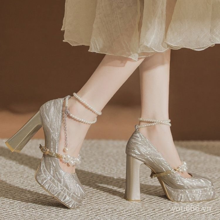 Hai Lớp Nền Tảng Pha Lê Giày Cưới Cô Dâu Giày Siêu Cao Gót Ngọc Trai Phẳng Khóa Dây Dày Gót Mary Jan