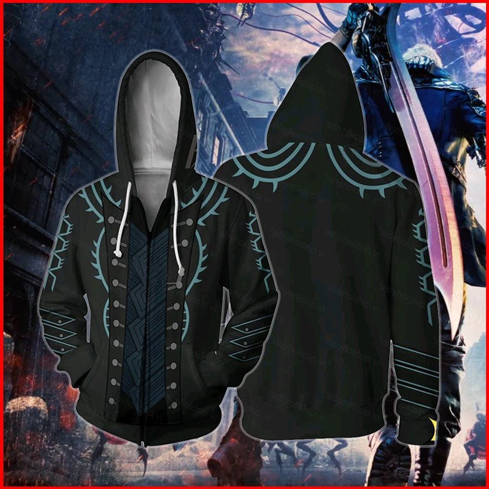 Áo khoác cosplay Vergil Devil May Cry 5 unisex, họa tiết 3D và dây kéo thời trang