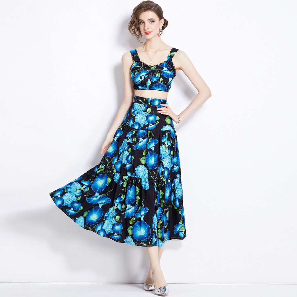 2025Summer Hawaiian vacation style women's dress set with strapless top+High-waisted long skirt with