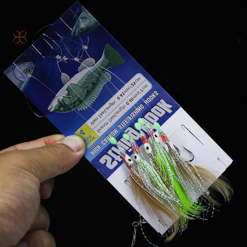 < WHPHous-t > Móc câu cá Chien Feather Octopus Glow-in-the Dark Bead String Hook 5 móc / dây treo Bộ