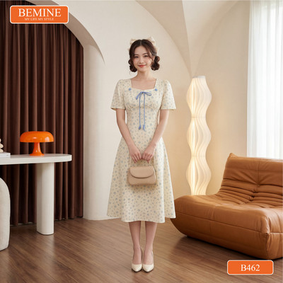 Đầm thiết kế BEMINE cổ vuông in hoa dáng chữ A phù hợp đi chơi-B462