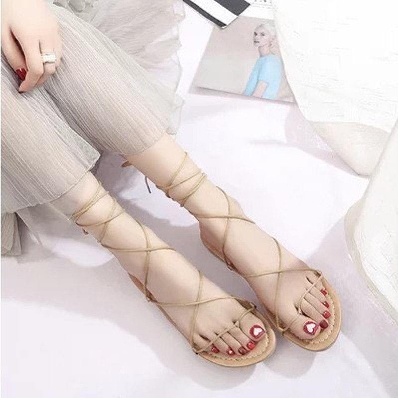 Mới 9.9 Yuan Miễn Phí Vận Chuyển Dép Nữ Dây Đeo Chéo Đế Bằng Giày Sandal Mùa Hè Đế Bằng Đen Màu Be L
