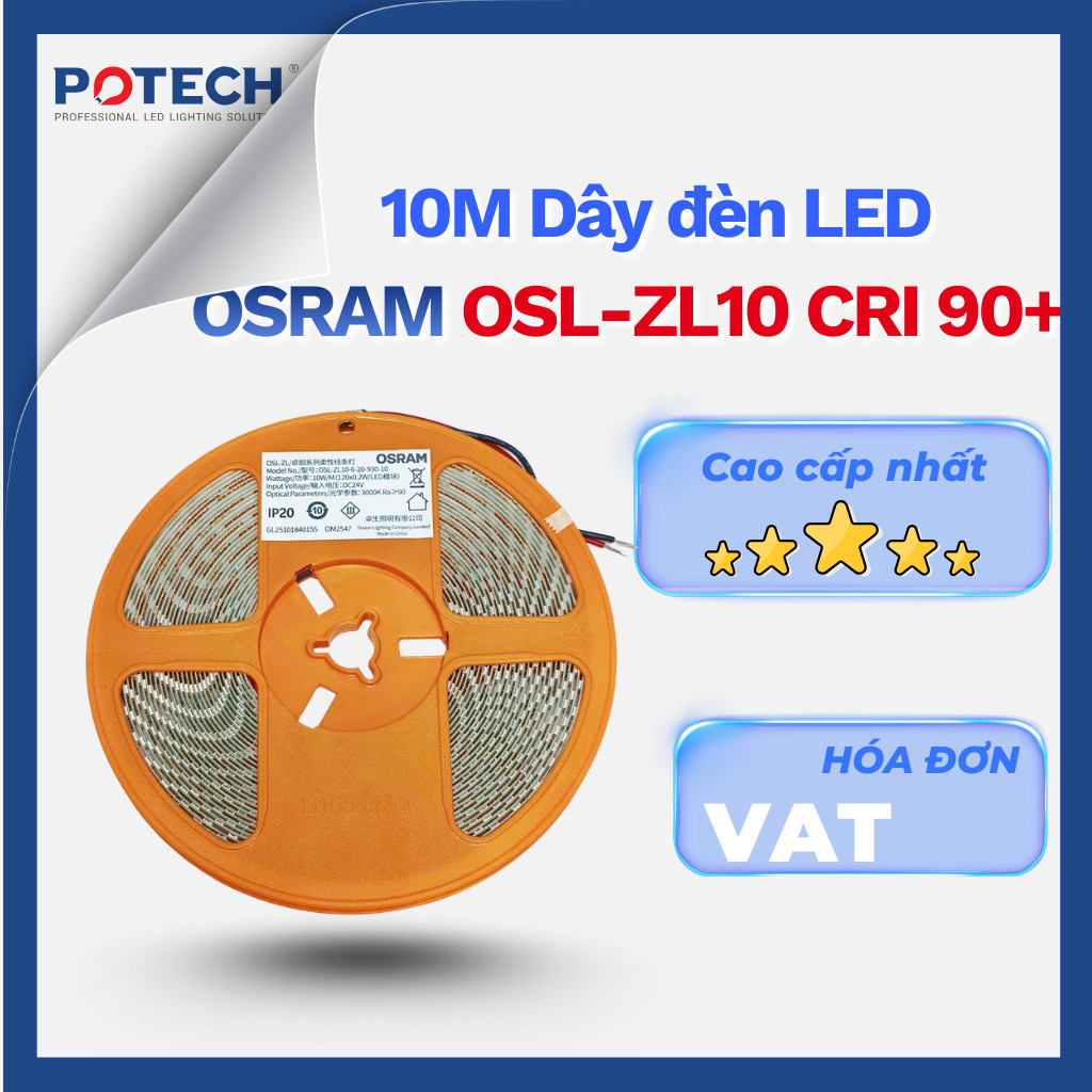 ĐÈN LED DÂY COB OSRAM 24V 10W/M CRI90 – LED DÂY 24V CAO CẤP – CUỘN 10M ÁNH SÁNG ĐẸP