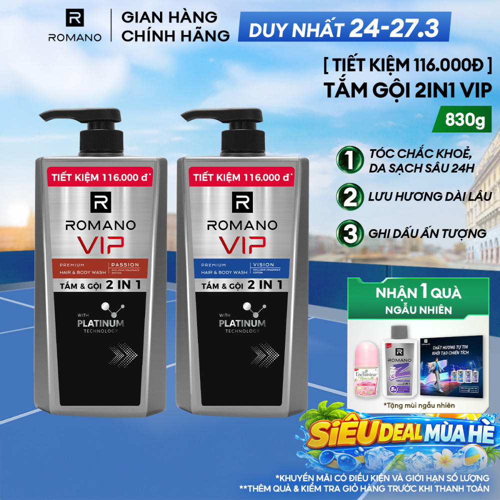 [Dung Tích Lớn] Tắm gội cho nam Cao Cấp Romano VIP Mùi Hương Bí Ẩn Nam Tính  Passion / Vision 830g