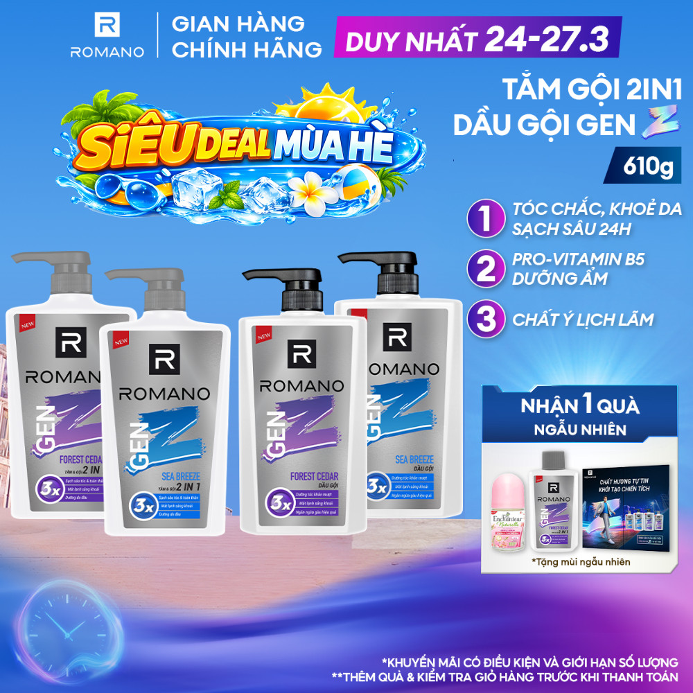 Tắm gội cho nam 2in1 cho nam / Dầu gội nam Romano Gen Z hương Sea Breeze/ Forest Cedar 610g / chai - 2 mùi hương có sẵn