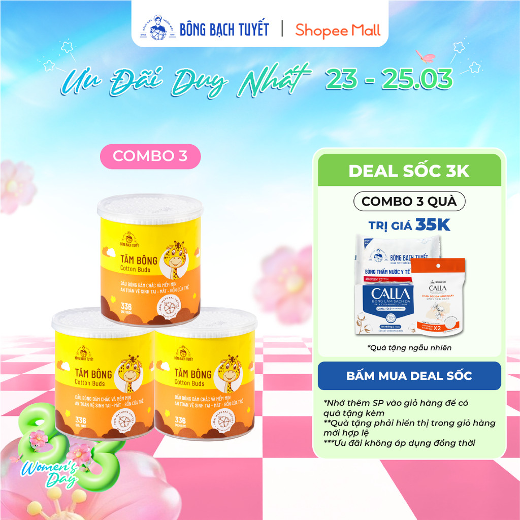 Combo 3 Hộp Tăm bông trẻ em Bông Bạch Tuyết (336 que/hộp tròn)