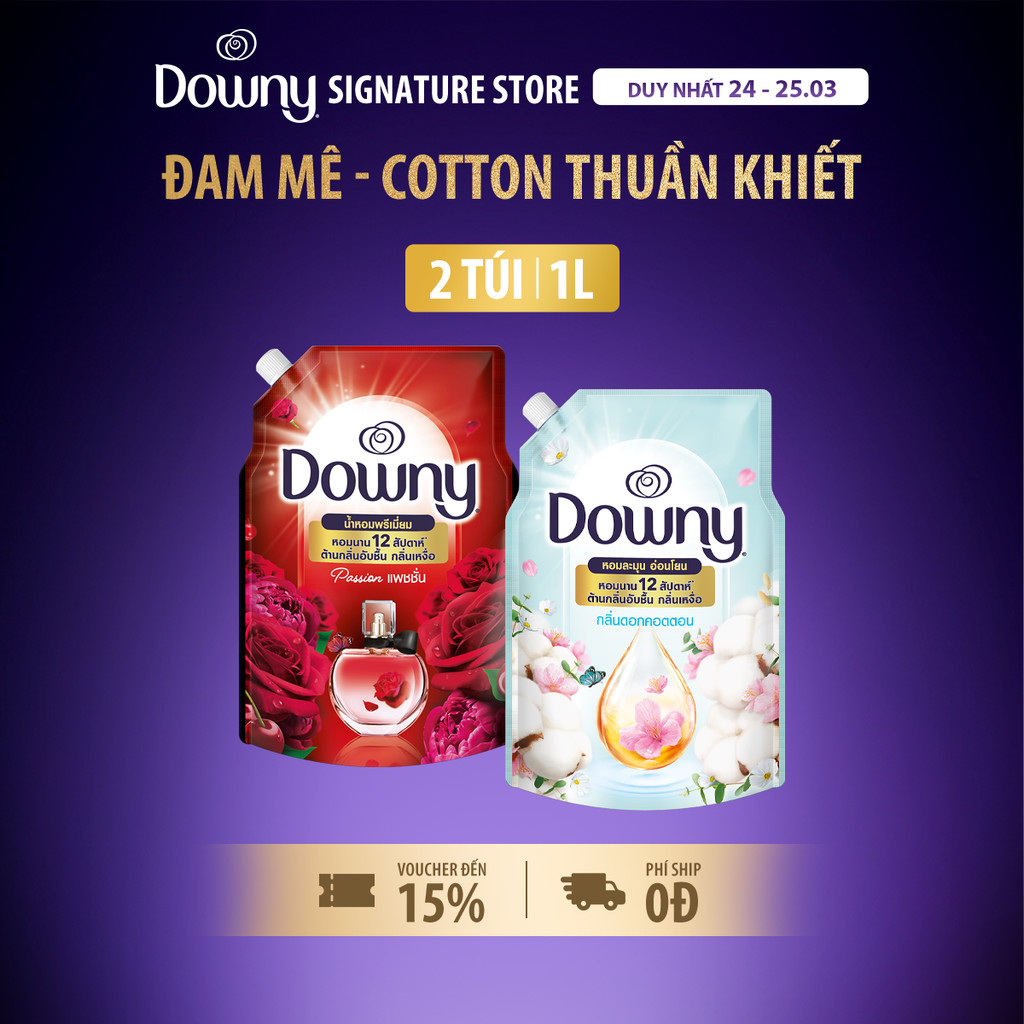 Combo Nước Xả Vải DOWNY Mix Mùi Đam Mê 1L + Cotton Thuần Khiết 1L