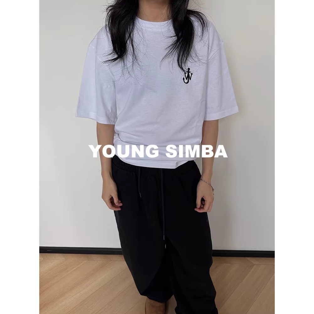 JW ANDERSON Mùa Hè Phong Cách Mới Đen / Trắng In logo Tay Ngắn