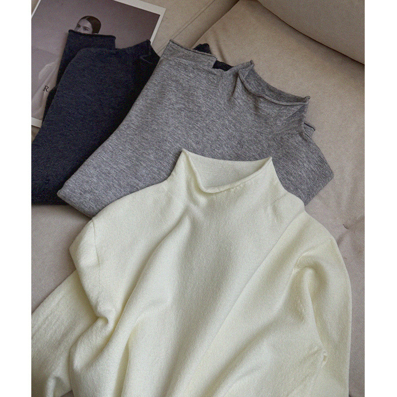 [OUNCE SR-STUDIO] Áo cổ cao uốn cạnh màu đơn giản, phong cách Dongdaemun Hàn Quốc