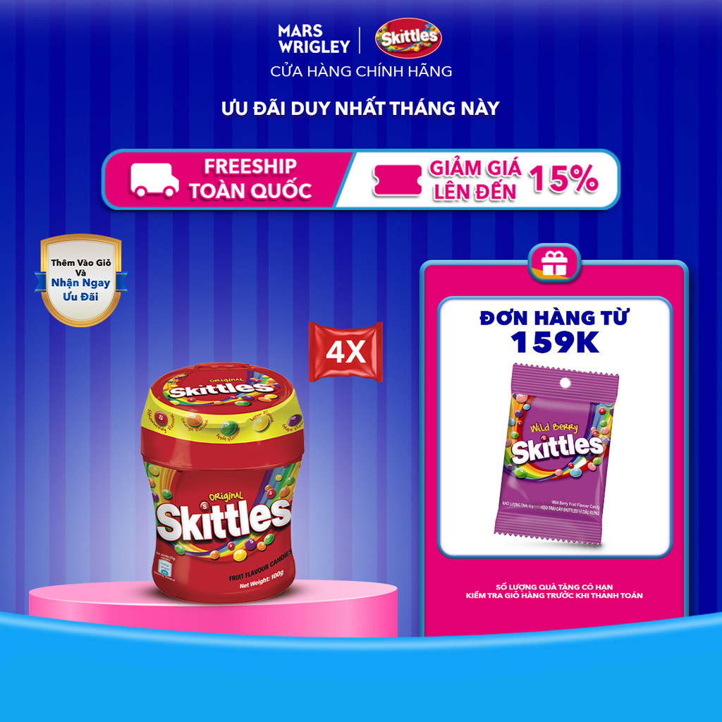 Combo 4 hũ Kẹo Skittles Hương Trái Cây hũ 100g Viên kẹo trái cây