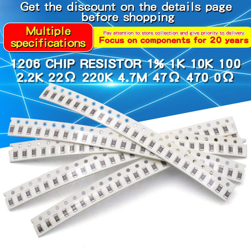 100 Chiếc 1206 SMD Chip Điện Trở 1% 0Ω ~ 10MΩ 0.33 10 100 220 300 510 1K 10K 20K 100K 220K 470K 820K