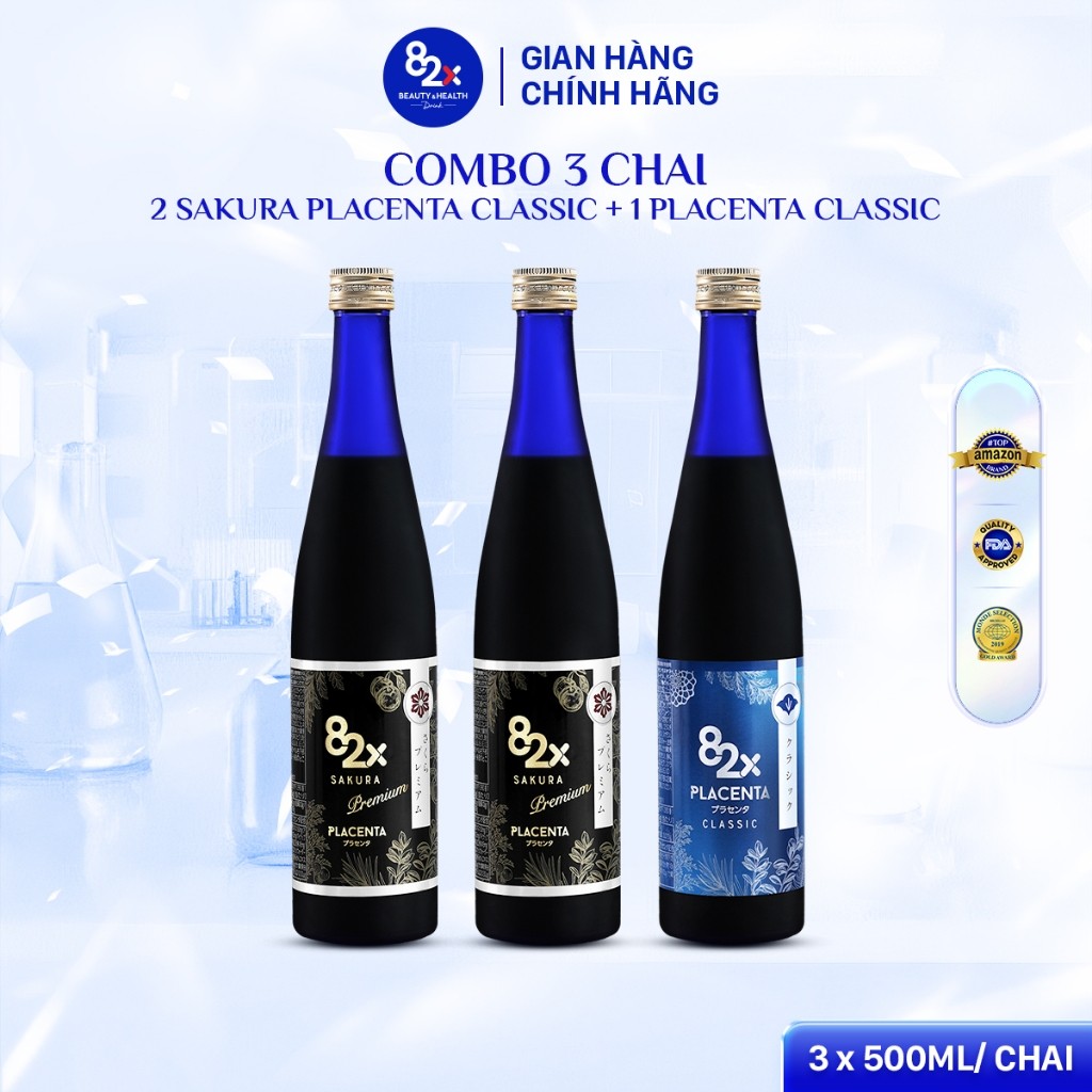 [Combo 3 Chai] Nước Uống Collagen 82X: 1 PLACENTA CLASSIC + 2 PLACENTA SAKURA (500ml/Chai)