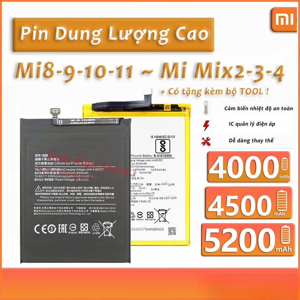 Pin Xiaomi dung lượng cao Mi8, Mi9, Mi10, Mi12, Mi13, Mi Pro, Mix2/2s, Mix3 5200mah 4000mah thay thế