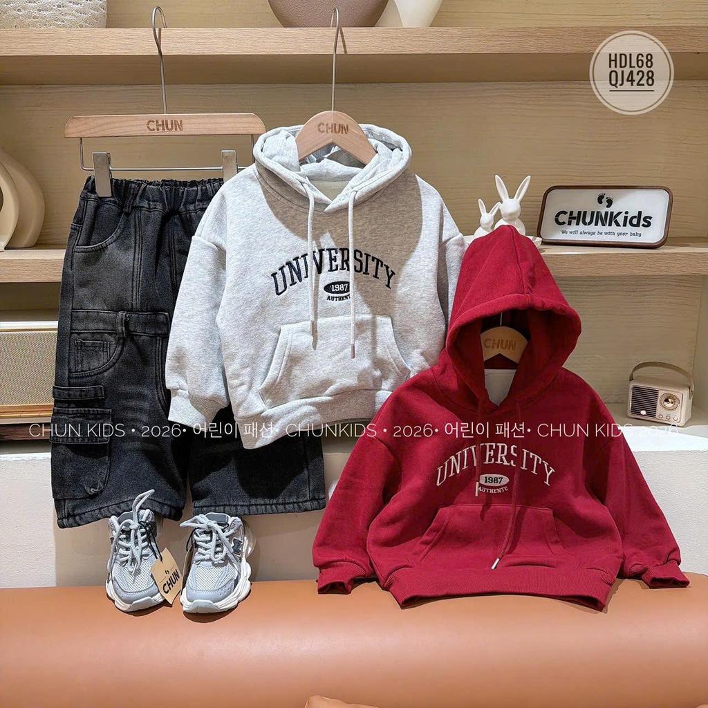 HDL68 - Áo hoodie Nhỡ CHO BÉ chữ kí thêu UNIVERSITY 1987 - YD675