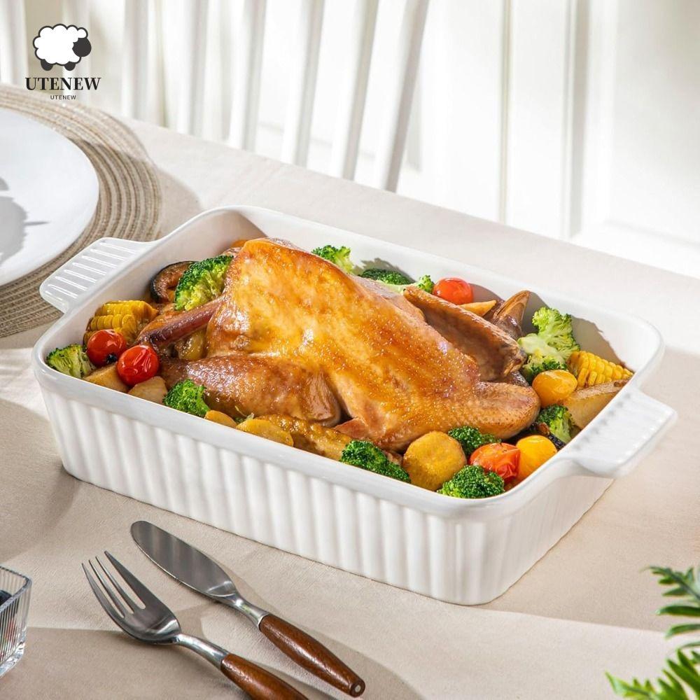 Đĩa nướng bánh UTENEW, hình chữ nhật có tay cầm Khay nướng bằng gốm, Đĩa nướng chảo họa tiết sọc sâu