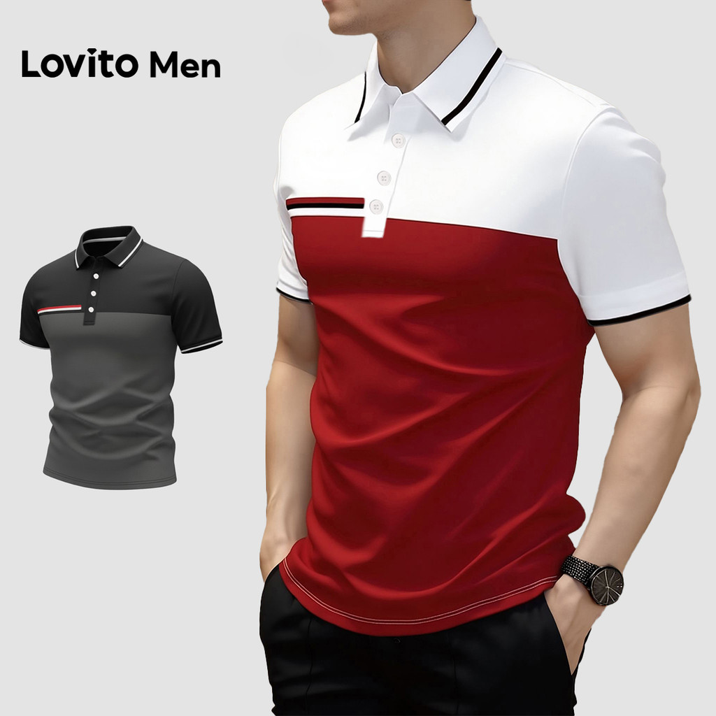 Áo sơ mi polo nam Lovito xuân hè hình học phong cách thường ngày LNE122059