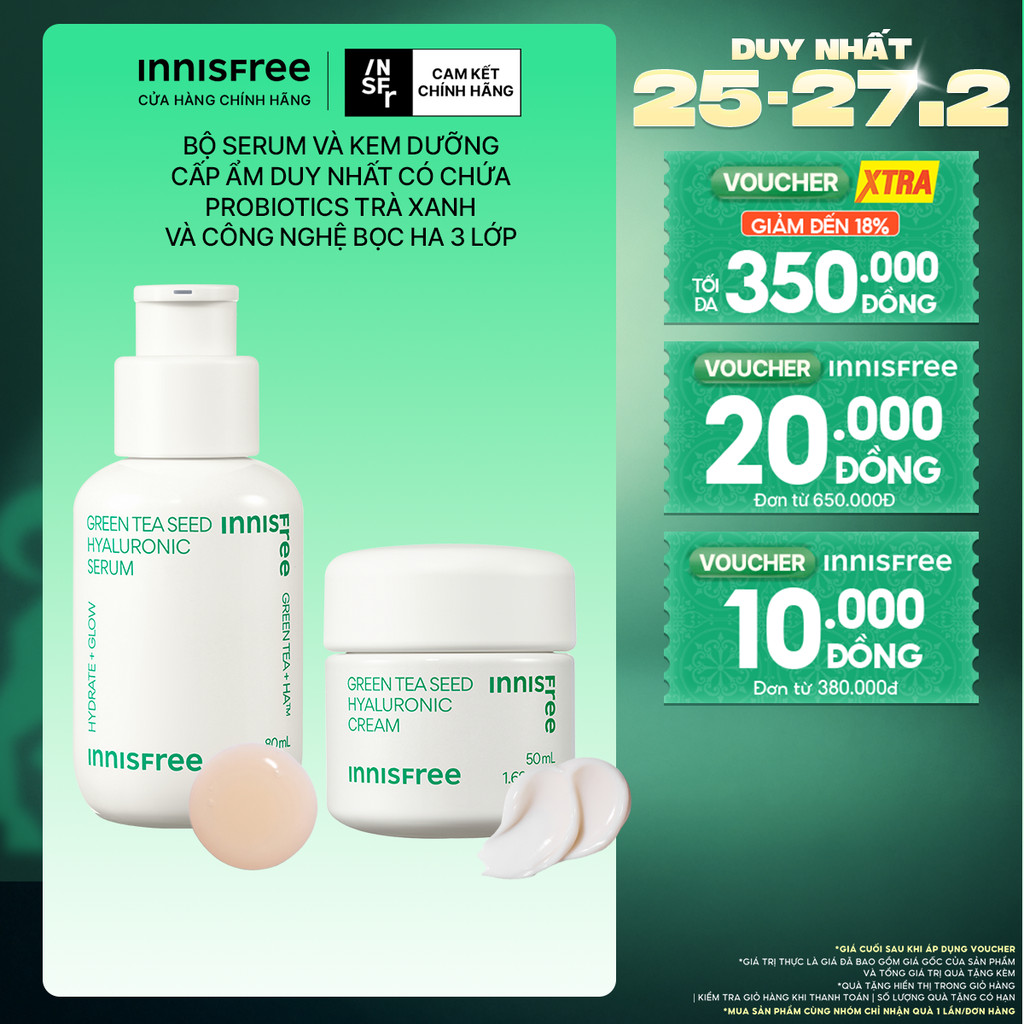 Bộ đôi Serum Trà Xanh INNISFREE cấp ẩm sâu, phục hồi da với Probiotics 80mL và Kem dưỡng ẩm trà xanh 50ml