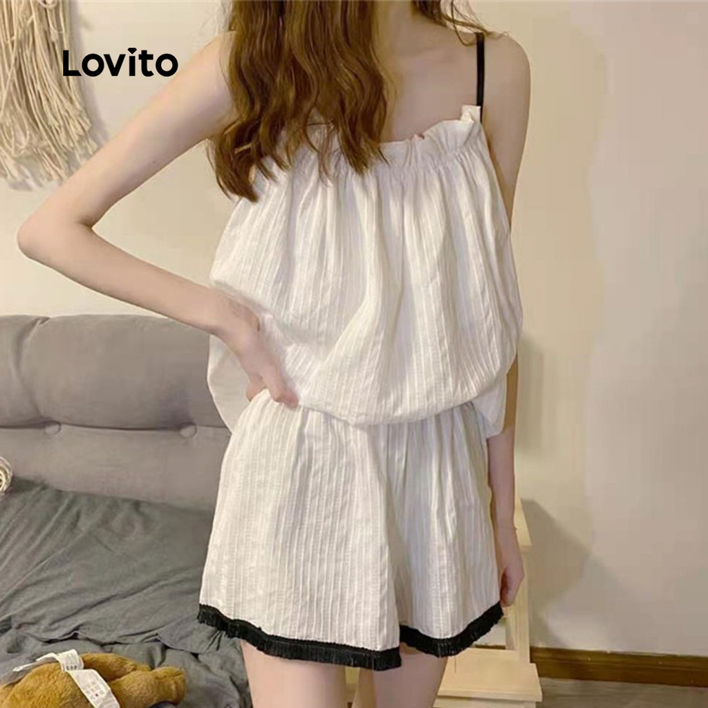 Lovito Bộ Pajama Thường Thức 2 Cái Với Ren Và Màu Khối Thời Trang Hàn Quốc Bộ Pajama Cotton Cho Nữ L