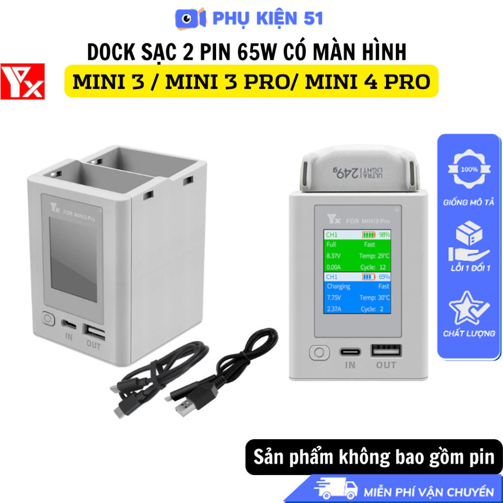 Hub sạc YX 2 khe 35W 65W DJI Mini 3 / Mini 3 pro/ Mini 4 Pro tối đa 35W 65W 2 chiều