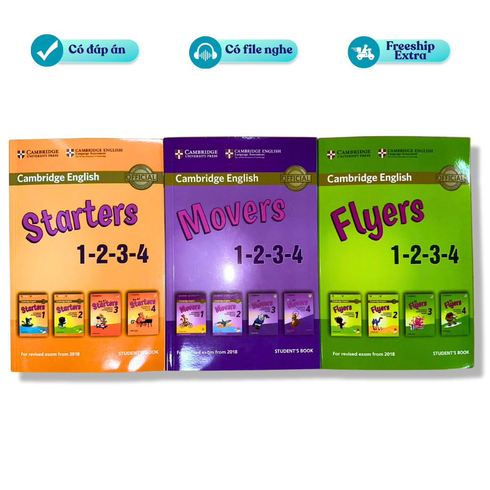 Vở Cambridge: Starters, Movers, Flyers in gộp 1 2 3 4 - In màu - Có đáp án, có file nghe