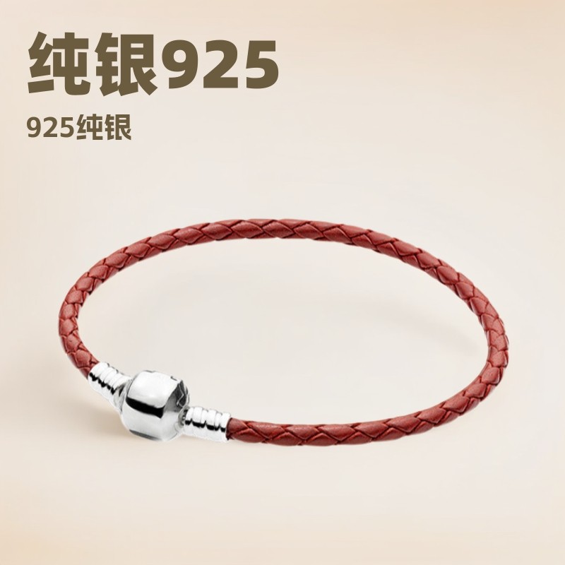 Dora925Sterling silver bracelet with red leather single and double loop woven leather cord bracelet 