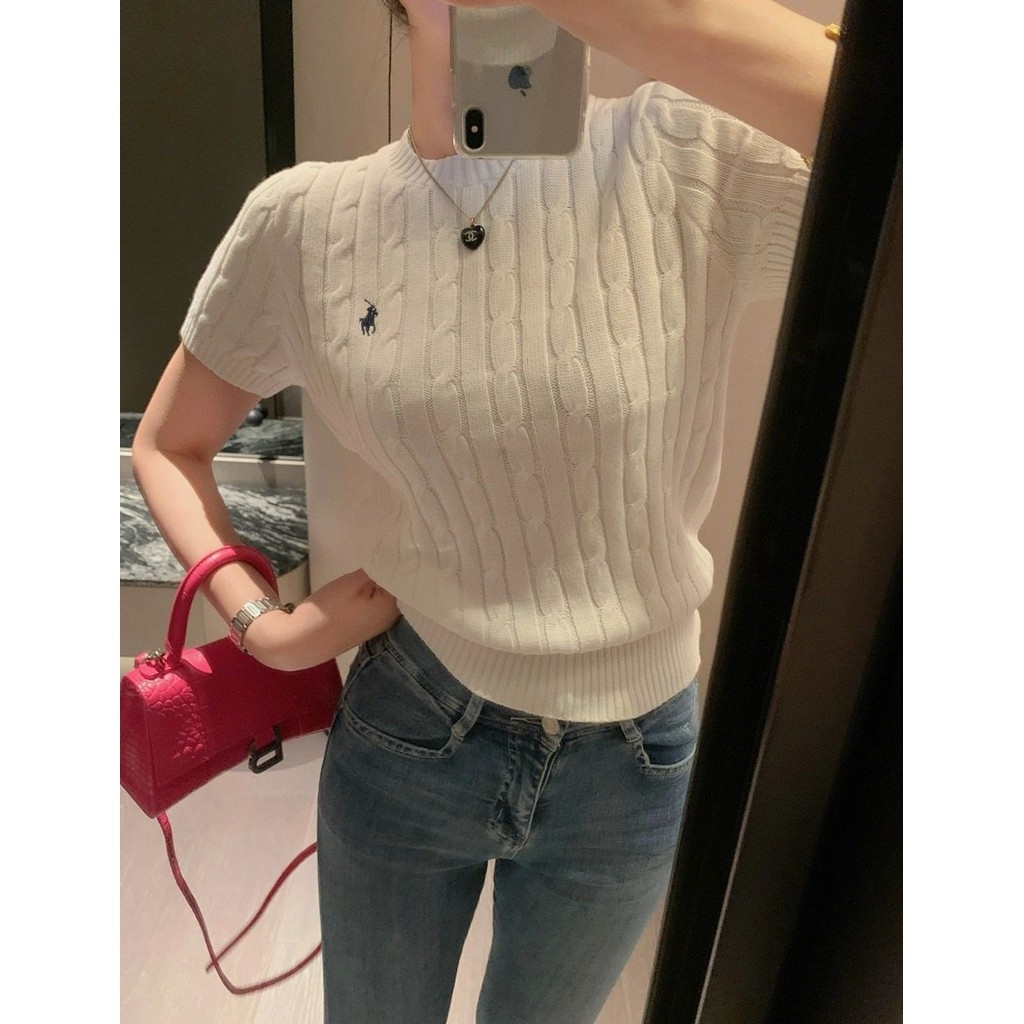 RL 25Summer Embroidered Short-Sleeve Knit Sweater for Women, Round Neck Cable Knit Half-Sleeve Sweat
