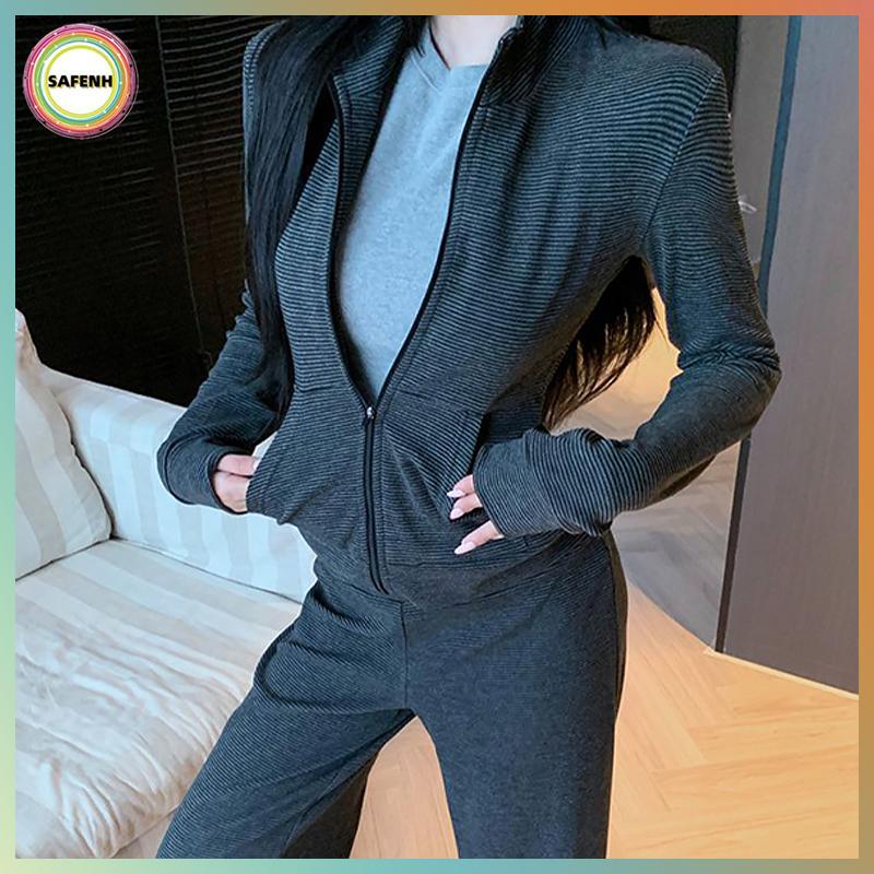 Safenh Top Retro Sọc Jaquet Hàn Quốc, Cổ Đứng Tay Dài, FormSlim