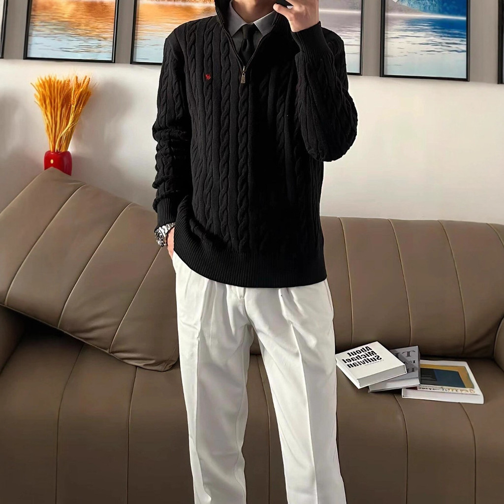 Autumn and winter twisted knit couple's half-zip sweater, men's red sweater, women's stand-up collar