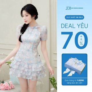 Đầm tơ dáng A, ngắn tay, cổ tròn, bèo nhún 4 tầng JM Dress Design hoạ tiết hoa pastel sang chảnh 1R11.2404OG