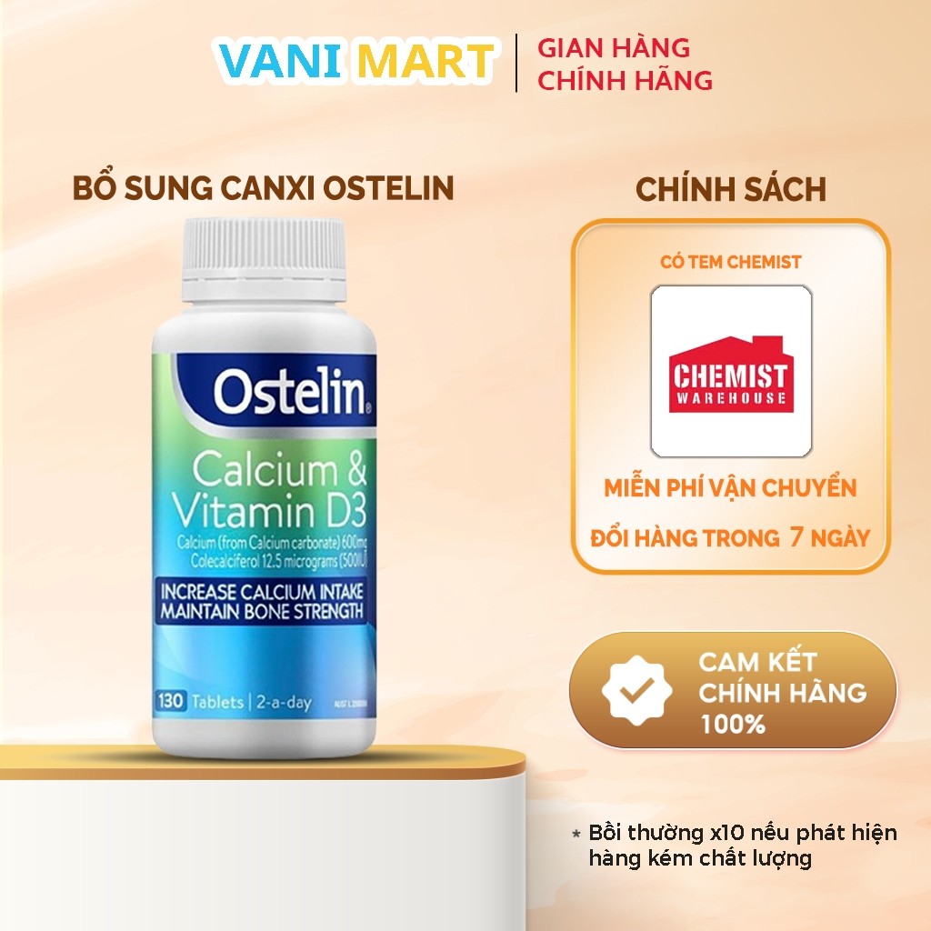 [ CHÍNH HÃNG ] Viên uống bổ sung Canxi D3 cho mẹ bầu, người lớn Ostelin Calcium & Vitamin D3 Úc 130 
